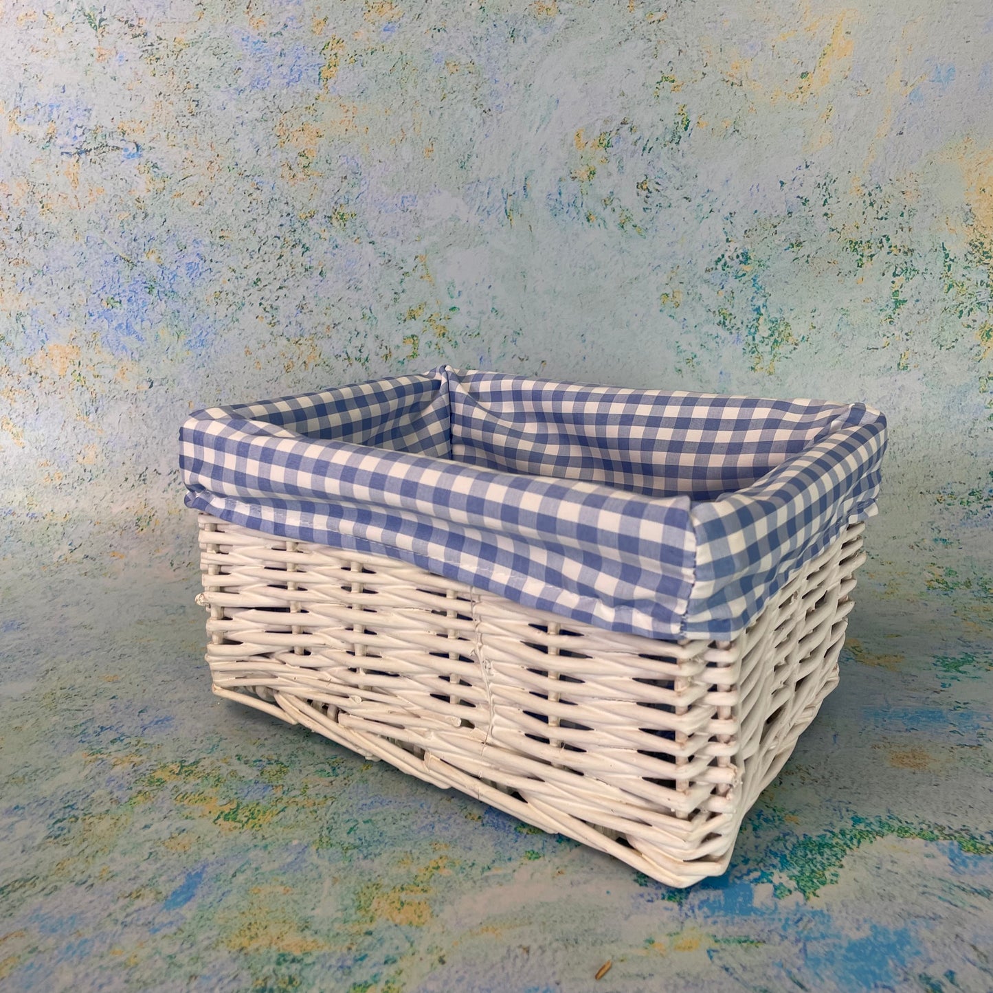 White Wicker Basket - Blue Gingham