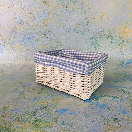White Wicker Basket - Blue Gingham